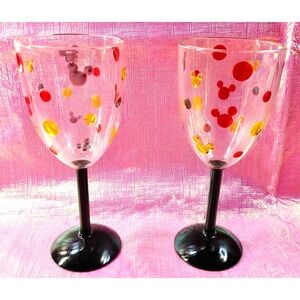 2 Disney Mickey Mouse Etched Wine Glasses Plastic Mouse Head 7" Tall